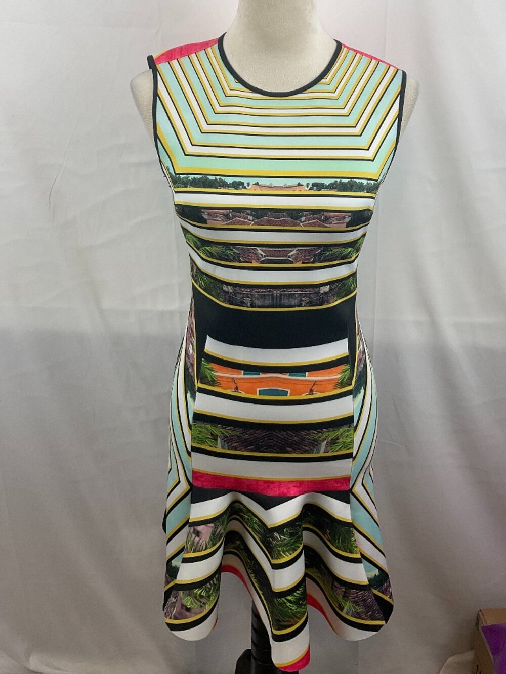 Clover Canyon Fit & Flare Dress S Mixed Print Sleeveless Black White Yellow Mint